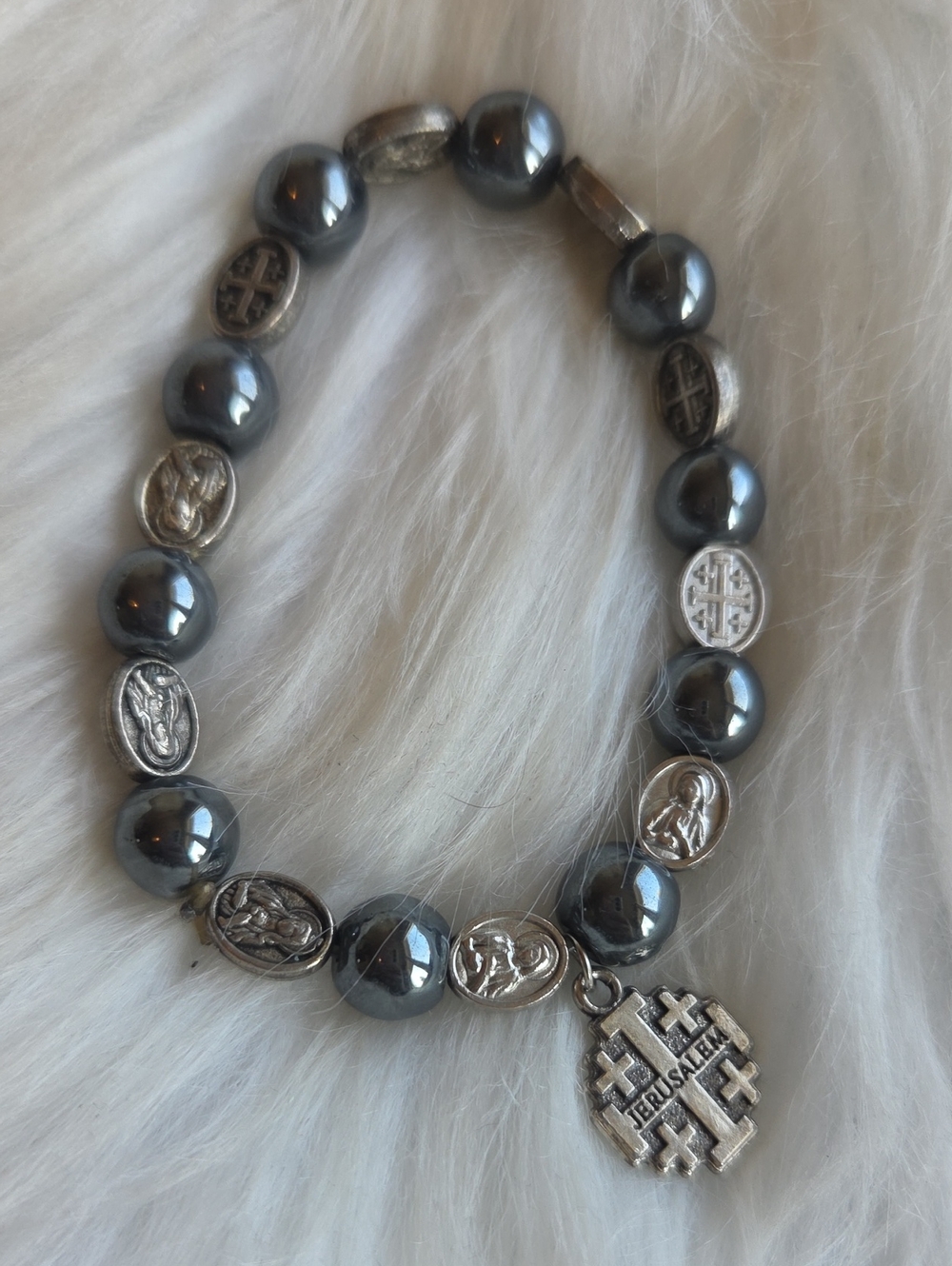 Hematite Bead Bracelet with Jerusalem Charm - Gunmetal Silver